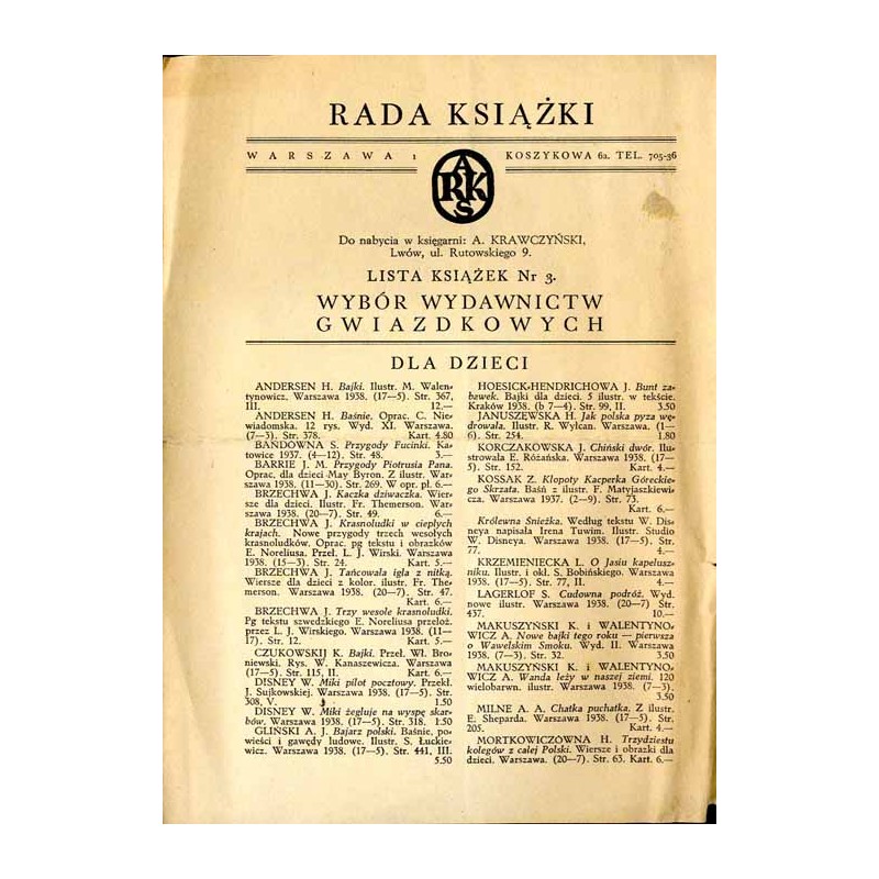 Rada Książki. Warszawa, Koszykowa 6a. Lista Książek Nr 3. Wybór wydawnictw gwiazdkowych