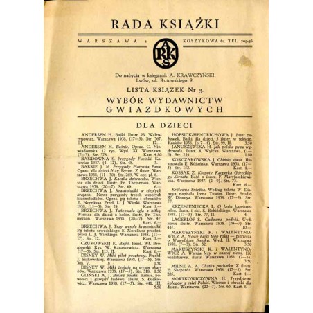 Rada Książki. Warszawa, Koszykowa 6a. Lista Książek Nr 3. Wybór wydawnictw gwiazdkowych
