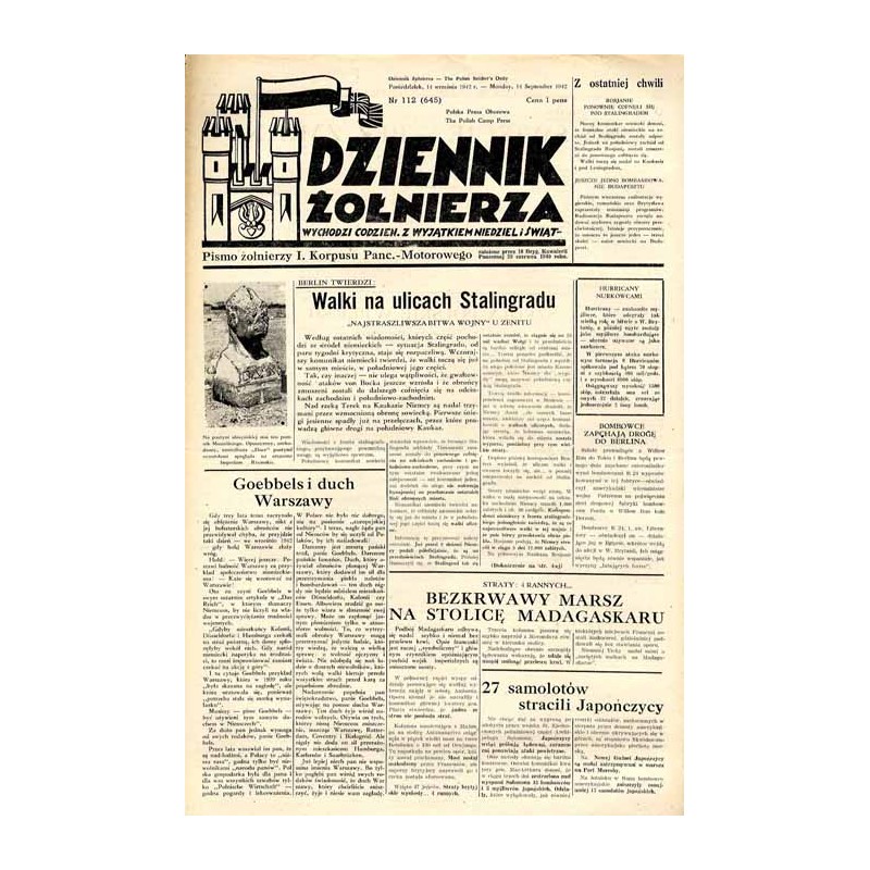 Dziennik Żołnierza. [...] Pismo żołnierzy I. Korpusu Panc.-Motorowego. R.3 (1942). Nr 112 (645) (14 września 1942)