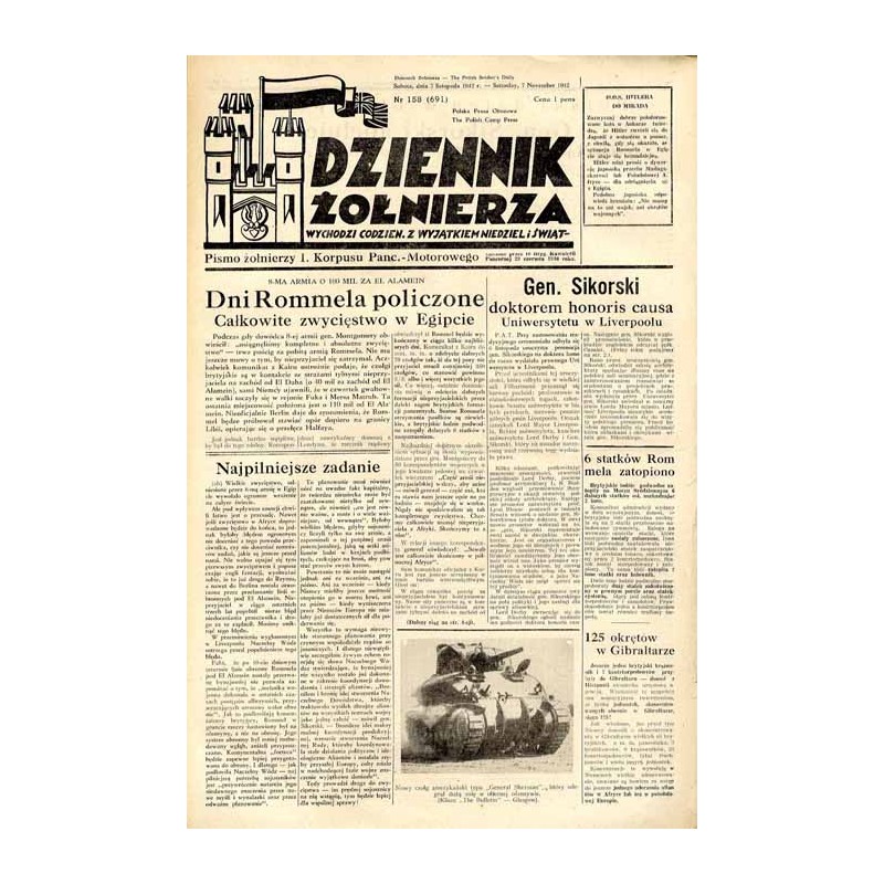 Dziennik Żołnierza. [...] Pismo żołnierzy I. Korpusu Panc.-Motorowego. R.3 (1942). Nr 158 (691) (7 listopada 1942) / Gen. Władys