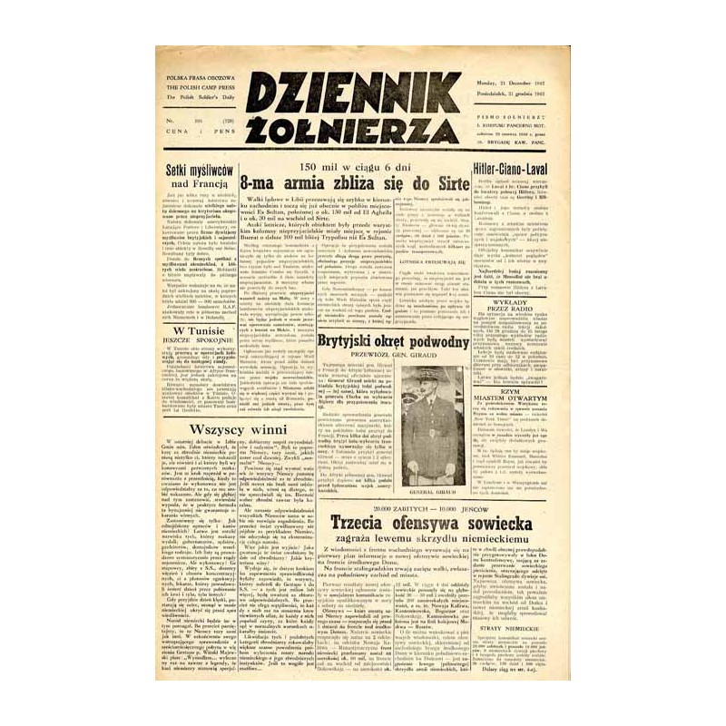 Dziennik Żołnierza. [...] Pismo żołnierzy I. Korpusu Panc.-Motorowego. R.3 (1942). Nr 195 (728) (21 grudnia 1942)