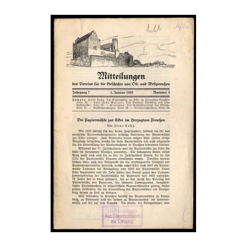 Mitteilungen des Vereins für die Geschichte von Ost- und Westpreußen. 7. Jahrgang (1933). Nr 3 (1 I 1933)