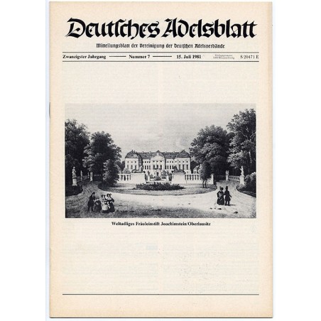 Deutsches Adelsblatt. 20. Jahrgang (1981). Nr 7 (15 VII 1981) [Weltadliges Fräuleinstift Joachimstein / Oberlausitz] [Radomierzy