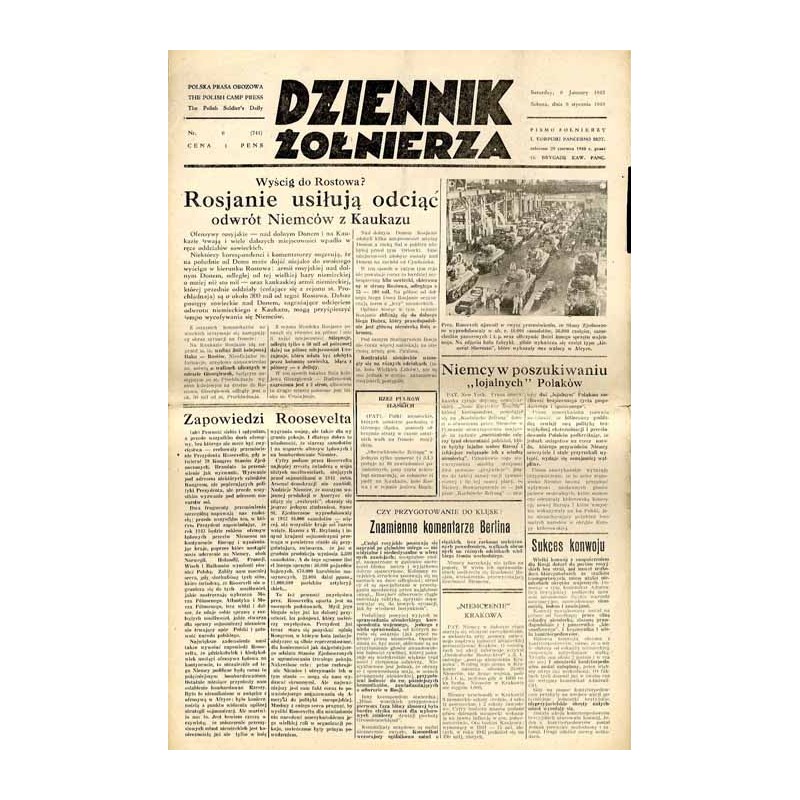 Dziennik Żołnierza. Polska prasa obozowa. Pismo żołnierzy 1. Korpusu Pancerno Mot. R.4 (1943). Nr 6 (741) (9 stycznia 1943)