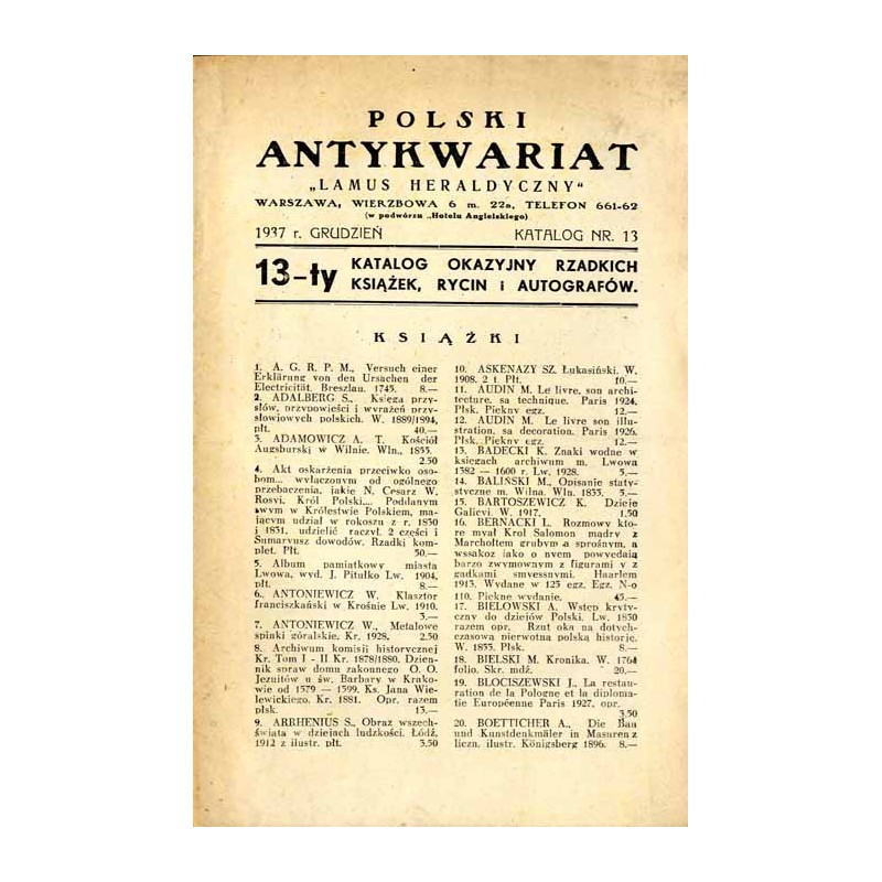 Polski Antykwariat "Lamus Heraldyczny", Warszawa, Wierzbowa 6 [...] (1937). Katalog Nr 13 (grudzień 1937). 13-ty Katalog okazyjn