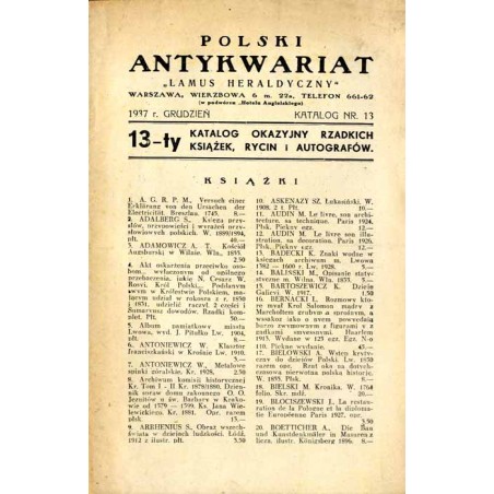 Polski Antykwariat "Lamus Heraldyczny", Warszawa, Wierzbowa 6 [...] (1937). Katalog Nr 13 (grudzień 1937). 13-ty Katalog okazyjn
