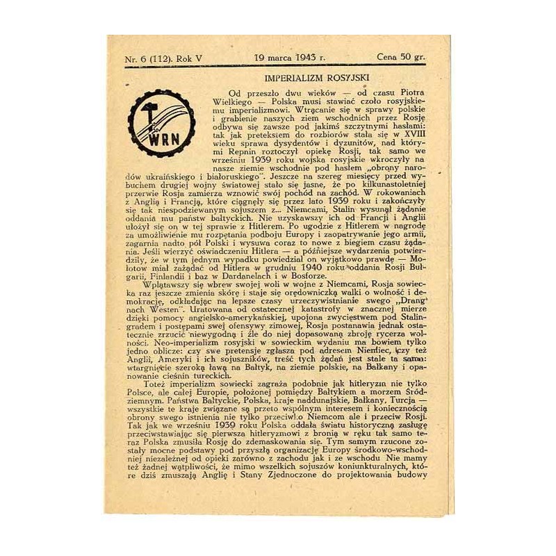 WRN [Wolność Równość Niepodległość]. R. 5 (1943). Nr 6 (112) (19 marca 1943)