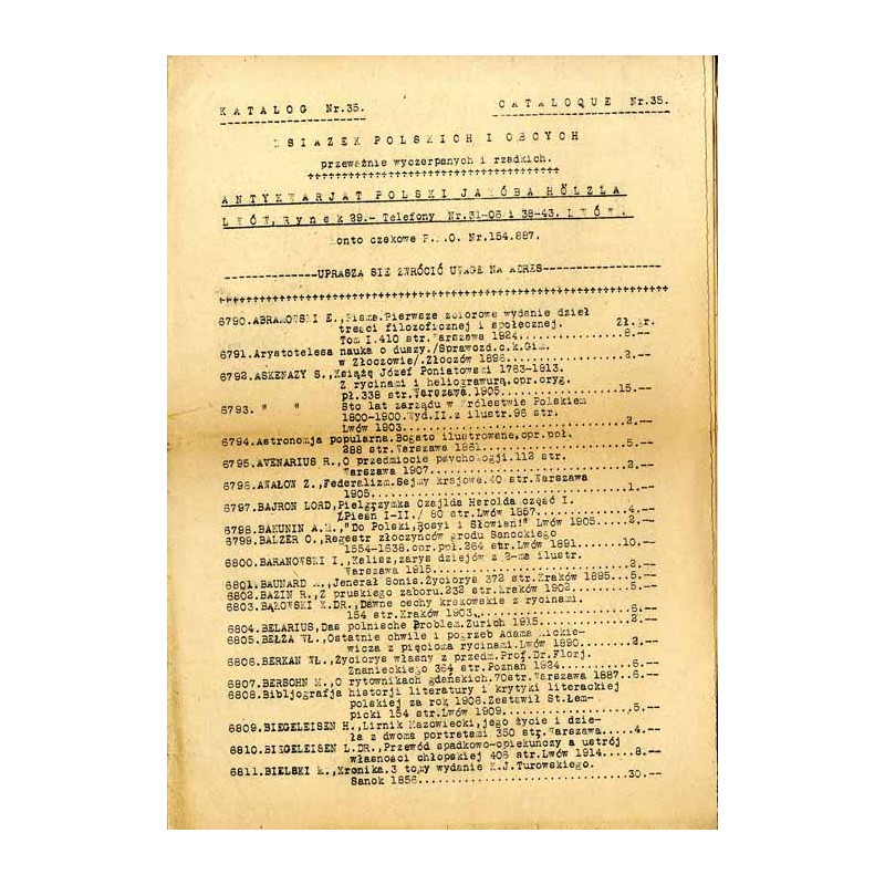 [Antykwariat Polski Hölza Lwów] Katalog Nr. 35 Książek Polskich i Obcych przeważnie wyczerpanych i rzadkich. Antykwarjat Polski