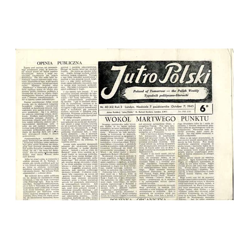 Jutro Polski. Tygodnik polityczno-literacki  Poland of Tomorrow. The Polish Weekly. R.2 (1945). Nr 40 (42) (7 października 1945