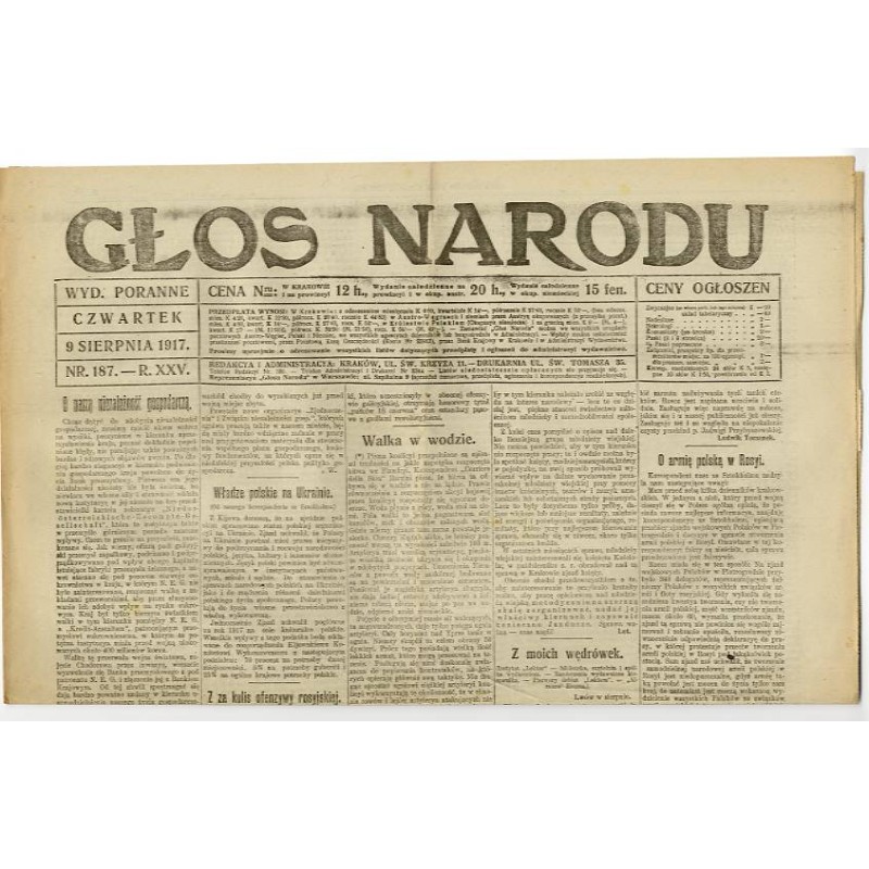 Głos Narodu. R.25 (1917). Nr 187 (9 sierpnia 1917). Wydanie poranne