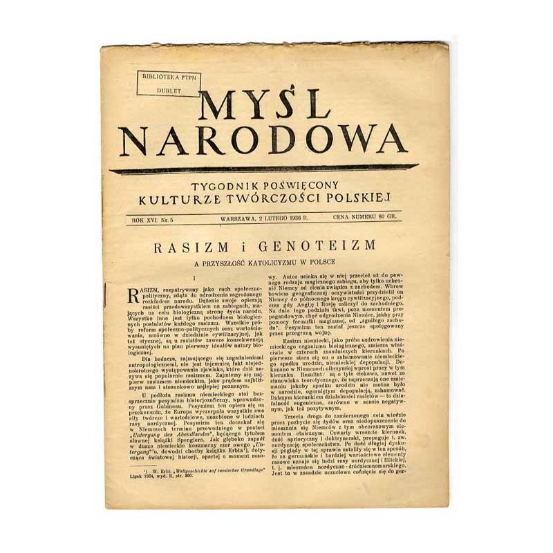 Myśl Narodowa. Tygodnik poświęcony kulturze twórczości polskiej. R.16 (1936). Nr 5 (2 lutego 1936)