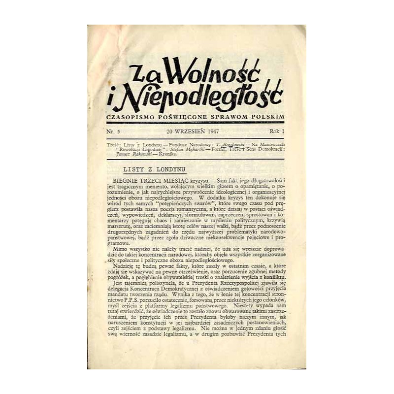 Za Wolność i Niepodległość. Czasopismo poświęcone sprawom polskim R.1 (1947). Nr 5 (20 Wrzesień 1947)