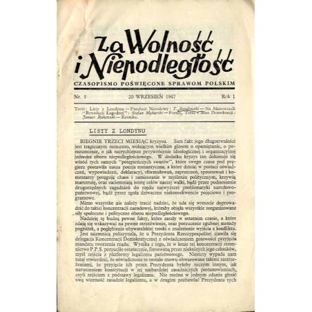 Za Wolność i Niepodległość. Czasopismo poświęcone sprawom polskim R.1 (1947). Nr 5 (20 Wrzesień 1947)