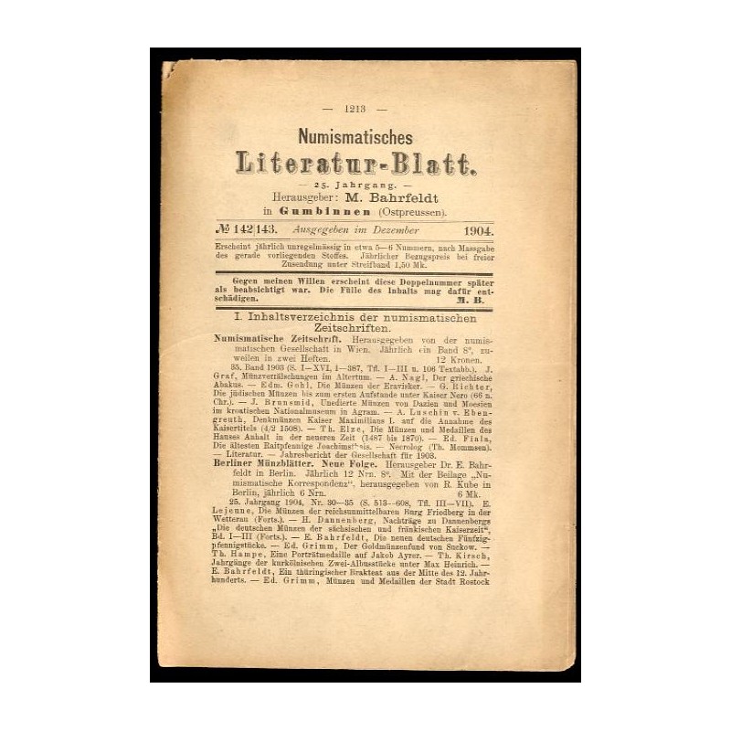 Numismatisches Literatur-Blatt. 25. Jahrgang (1904). Nr 142-143 (Dezember 1904)