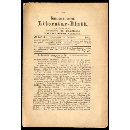 Numismatisches Literatur-Blatt. 25. Jahrgang (1904). Nr 142-143 (Dezember 1904)