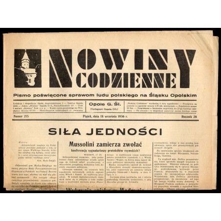 Nowiny Codzienne. Pismo poświęcone sprawom ludu polskiego na Śląsku Opolskim. R.26 (1936). Nr 215 (18 września 1936)