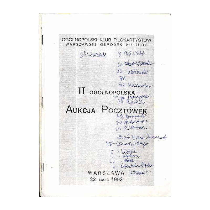 [Ogólnopolski Klub Filokartystów] II Ogólnopolska Aukcja Pocztówek. Warszawa, 22 maja 1993