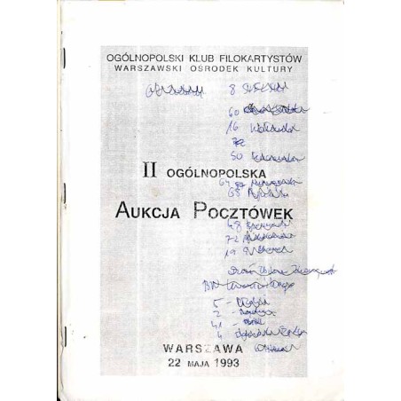 [Ogólnopolski Klub Filokartystów] II Ogólnopolska Aukcja Pocztówek. Warszawa, 22 maja 1993