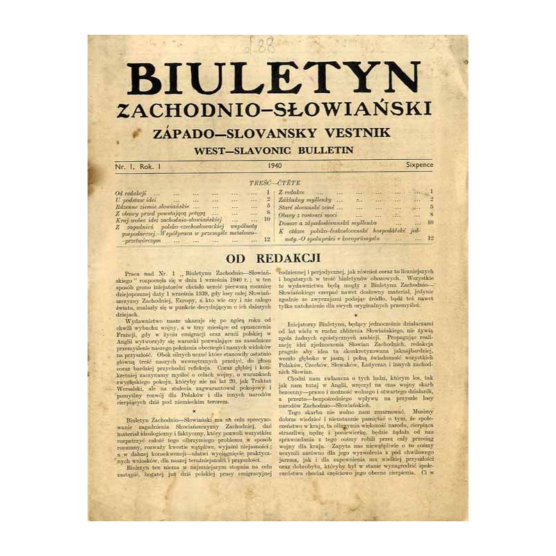 Biuletyn Zachodnio-Słowiański  Západo-Slovansky Vestnik  West-Slavian Bulletin. R.1 (1940). Nr 1