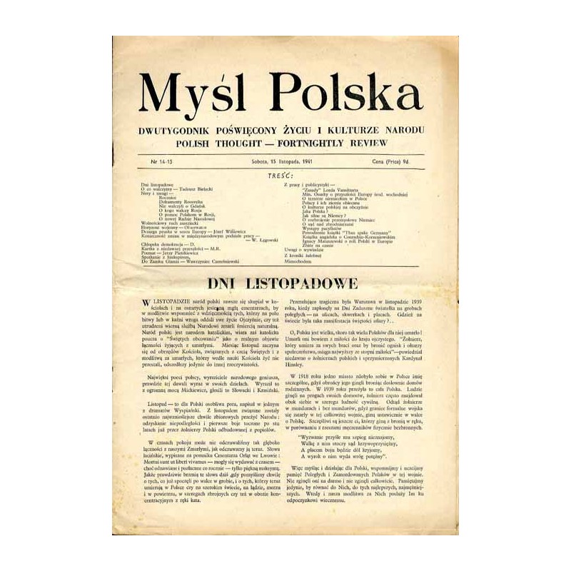 Myśl Polska. Dwutygodnik poświęcony życiu i kulturze Narodu  Polish Thought. Fortnightly review. [R.1] (1941). Nr 14-15 (15 lis