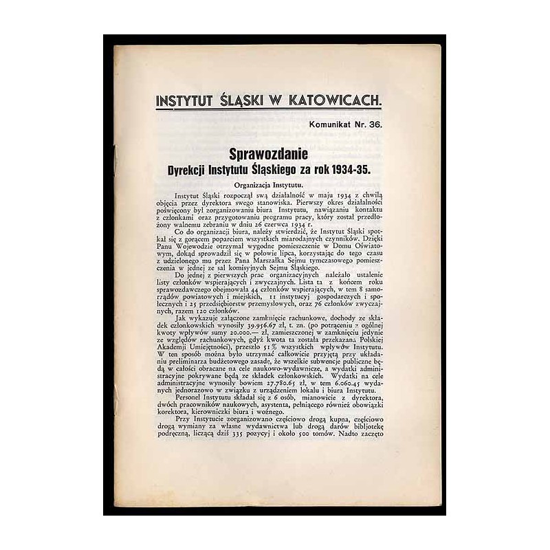 Sprawozdanie Dyrekcji Instytutu Śląskiego za Rok 1934-35