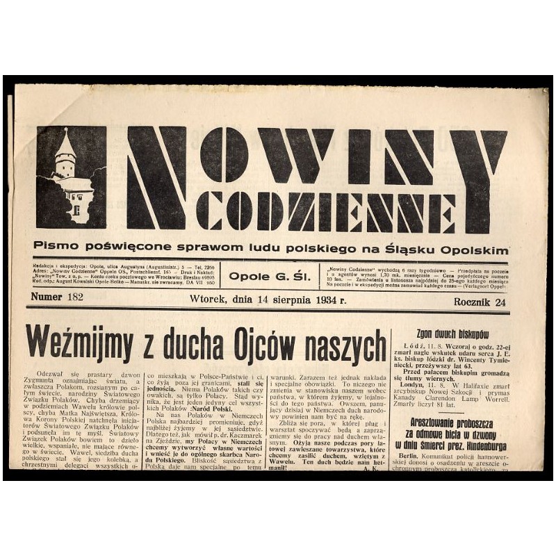 Nowiny Codzienne. Pismo poświęcone sprawom ludu polskiego na Śląsku Opolskim. R.24 (1934). Nr 182 (14 sierpnia 1934)