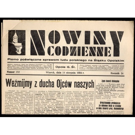 Nowiny Codzienne. Pismo poświęcone sprawom ludu polskiego na Śląsku Opolskim. R.24 (1934). Nr 182 (14 sierpnia 1934)