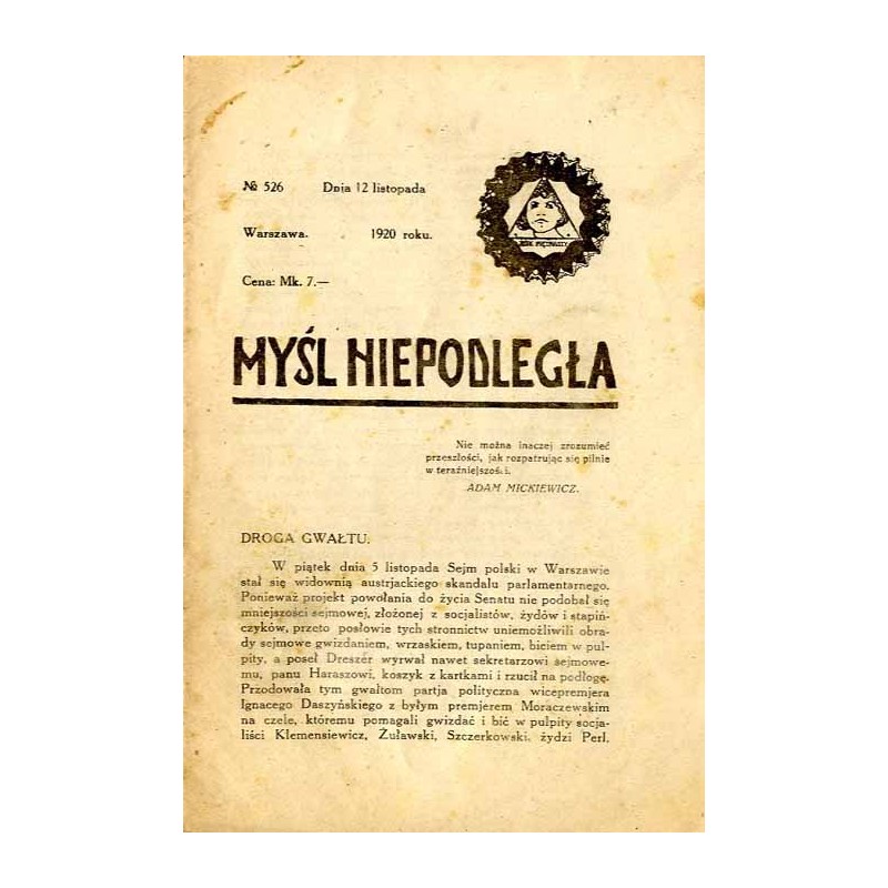 Myśl Niepodległa. R.1920. Nr 526 (12 listopada 1920)