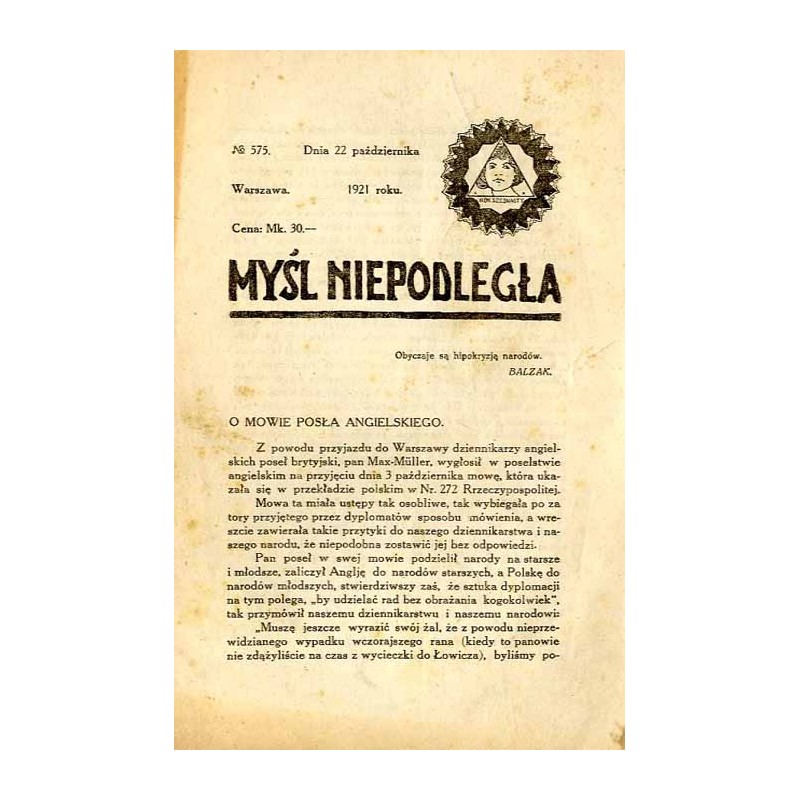 Myśl Niepodległa. R.1921. Nr 575 (22 października 1921)