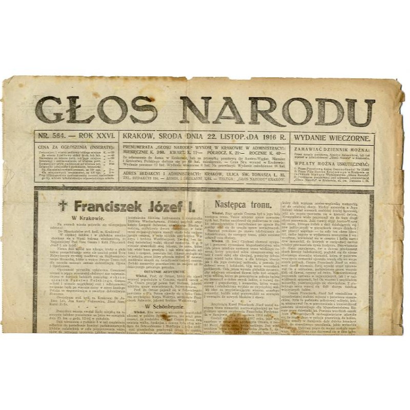 Głos Narodu. R.26 (1916). Nr 564 (22 listopada 1916). Wydanie wieczorne / powiadomienie o śmierci Franciszka Józefa I