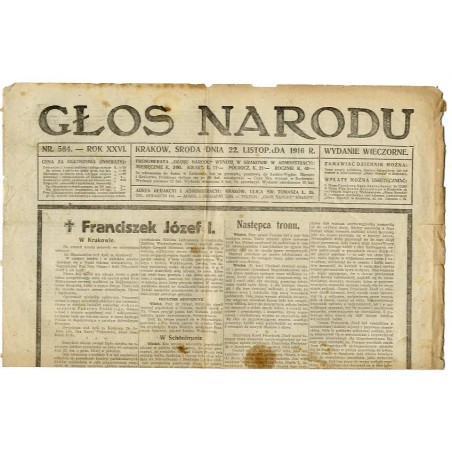 Głos Narodu. R.26 (1916). Nr 564 (22 listopada 1916). Wydanie wieczorne / powiadomienie o śmierci Franciszka Józefa I