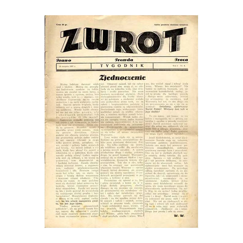 Zwrot. Prawo, prawda, praca. Tygodnik. R.1 (1937). Nr 4 (29 sierpnia 1937)