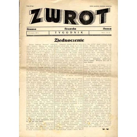 Zwrot. Prawo, prawda, praca. Tygodnik. R.1 (1937). Nr 4 (29 sierpnia 1937)