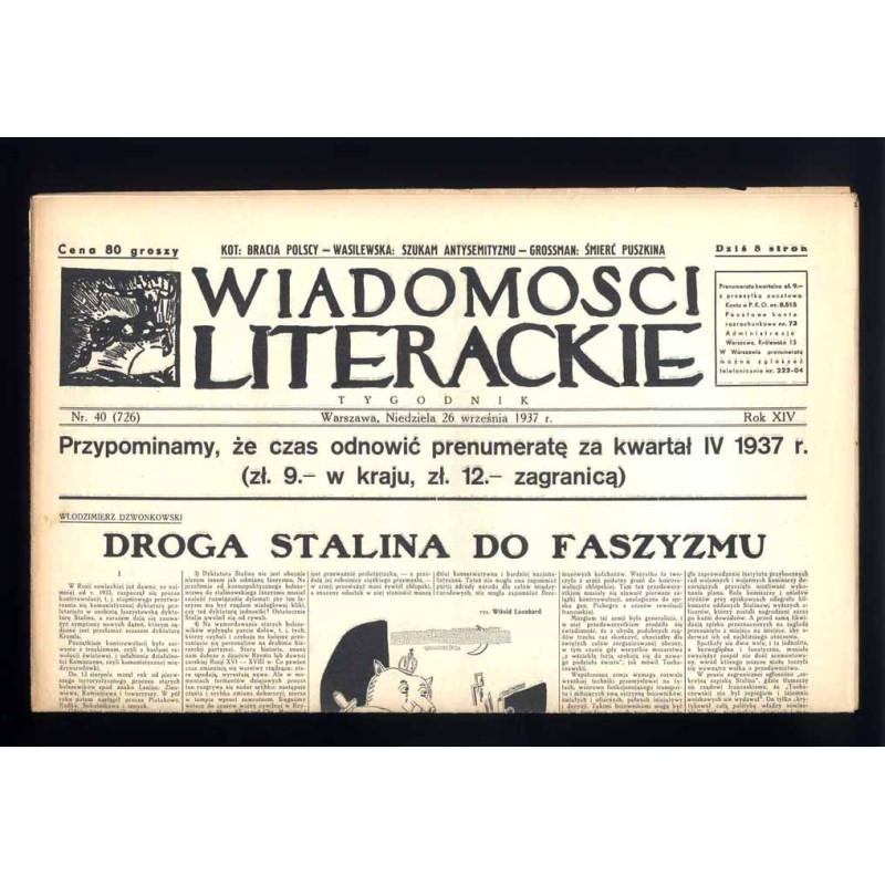 Wiadomości Literackie. Tygodnik. R.14 (1937). Nr 40 (726) (26 września 1937)