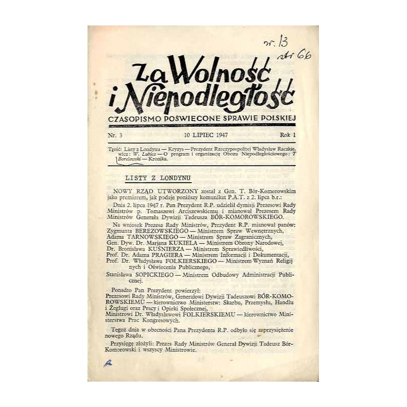 Za Wolność i Niepodległość. Czasopismo poświęcone sprawie polskiej R.1 (1947). Nr 3 (10 Lipiec 1947)