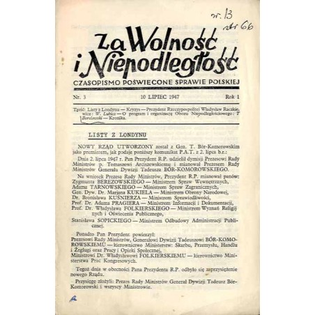 Za Wolność i Niepodległość. Czasopismo poświęcone sprawie polskiej R.1 (1947). Nr 3 (10 Lipiec 1947)