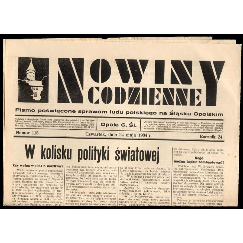 Nowiny Codzienne. Pismo poświęcone sprawom ludu polskiego na Śląsku Opolskim. R.24 (1934). Nr 115 (24 maja 1934)