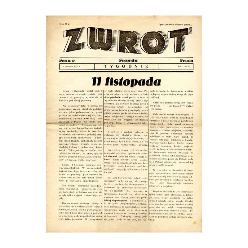 Zwrot. Prawo, prawda, praca. Tygodnik. R.1 (1937). Nr 15 (14 listopada 1937)