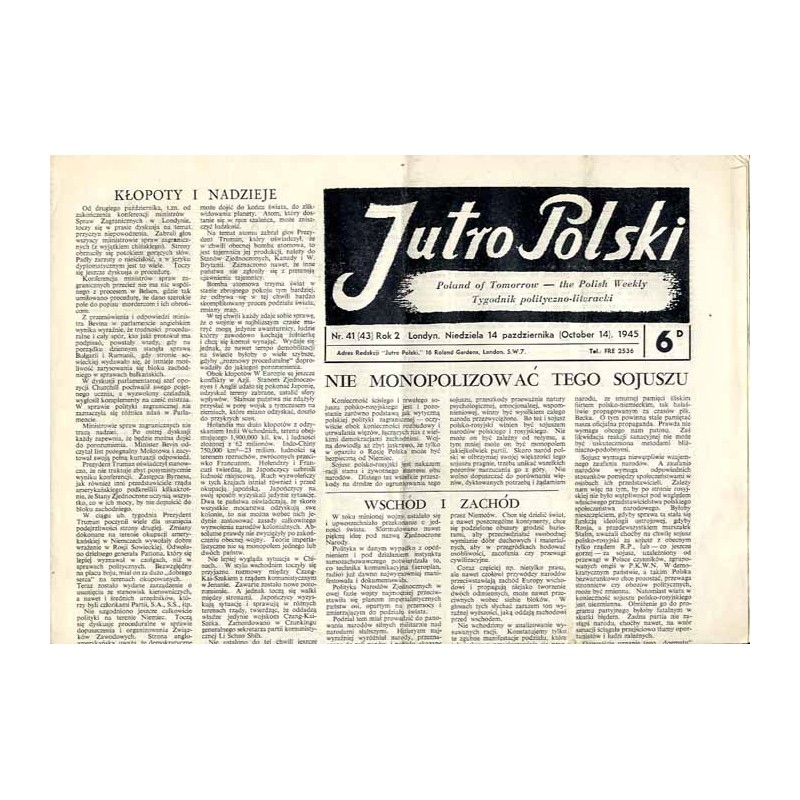 Jutro Polski. Tygodnik polityczno-literacki  Poland of Tomorrow. The Polish Weekly. R.2 (1945). Nr 41 (43) (14 października 194
