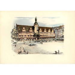 Motive aus Leipzig. Original-Lithographien von Max Schnabel. Altes Rathaus. Opern-Neubau. Thomaskirche. Bebauung am Ring. Völker