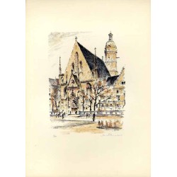 Motive aus Leipzig. Original-Lithographien von Max Schnabel. Altes Rathaus. Opern-Neubau. Thomaskirche. Bebauung am Ring. Völker