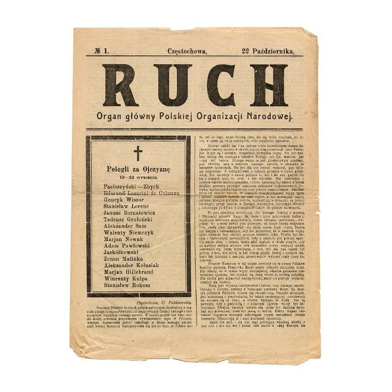 Ruch. Organ główny Polskiej Organizacji Narodowej. Nr 1 (22 X [1914])