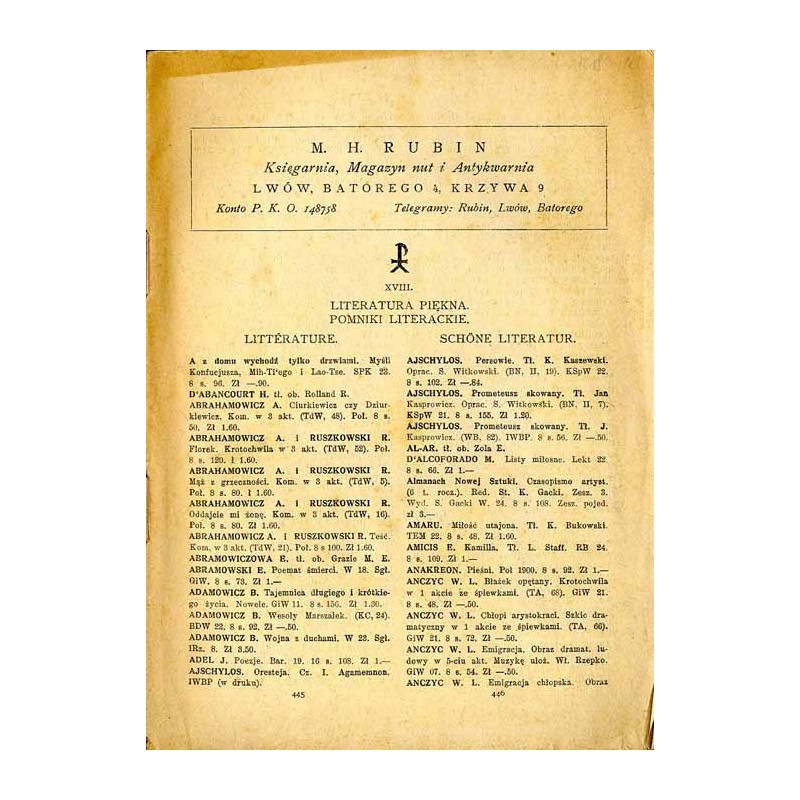 M. H. Rubin. Księgarnia, Magazyn nut i Antykwarnia. Lwów, Batorego 4, Krzywa 9 [...] XVIII: Literatura piękna. Pomniki literacki
