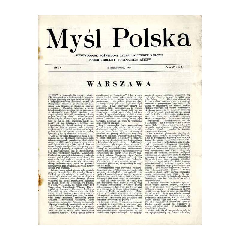 Myśl Polska. Dwutygodnik poświęcony życiu i kulturze narodu  Polish Thought. Fortnightly review. [R.4] (1944). Nr 79 (15 paździ