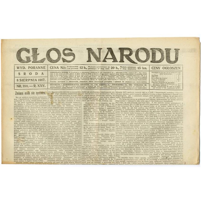 Głos Narodu. R.25 (1917). Nr 186 (8 sierpnia 1917). Wydanie poranne