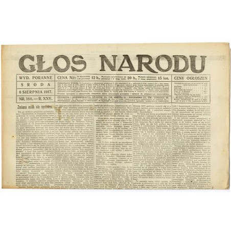 Głos Narodu. R.25 (1917). Nr 186 (8 sierpnia 1917). Wydanie poranne
