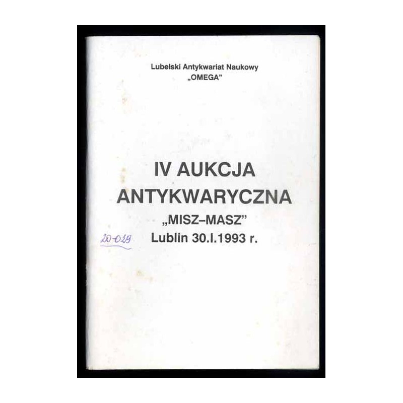 Lubelski Antykwariat Naukowy "Omega". IV Aukcja Antykwaryczna "Misz-Masz" Lublin 30.01.1993