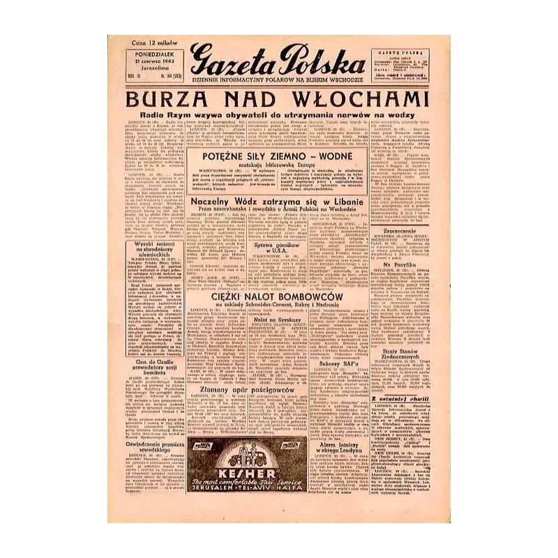 Gazeta Polska. Dziennik informacyjny Polaków na Bliskim Wschodzie. R.3 (1943). Nr 144 (583) (21 czerwca 1943)