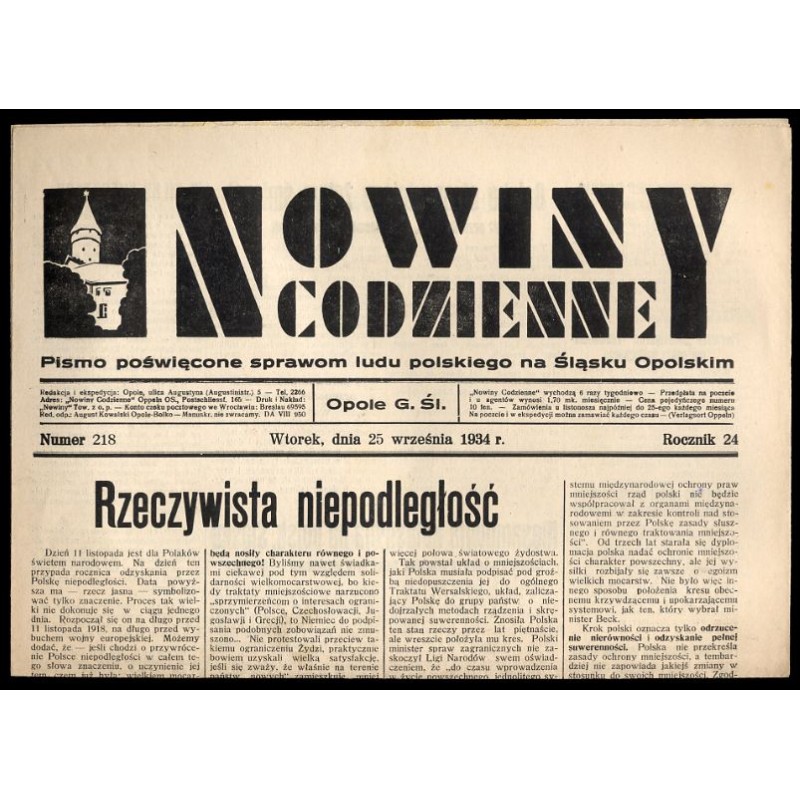 Nowiny Codzienne. Pismo poświęcone sprawom ludu polskiego na Śląsku Opolskim. R.24 (1934). Nr 218 (25 września 1934)