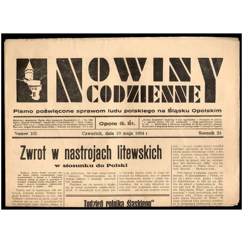 Nowiny Codzienne. Pismo poświęcone sprawom ludu polskiego na Śląsku Opolskim. R.24 (1934). Nr 105 (10 maja 1934)